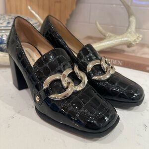 Y2K Antonio‎ Melani Chain Loafer Block Heel Shoes Womens Size 6 Black Leather